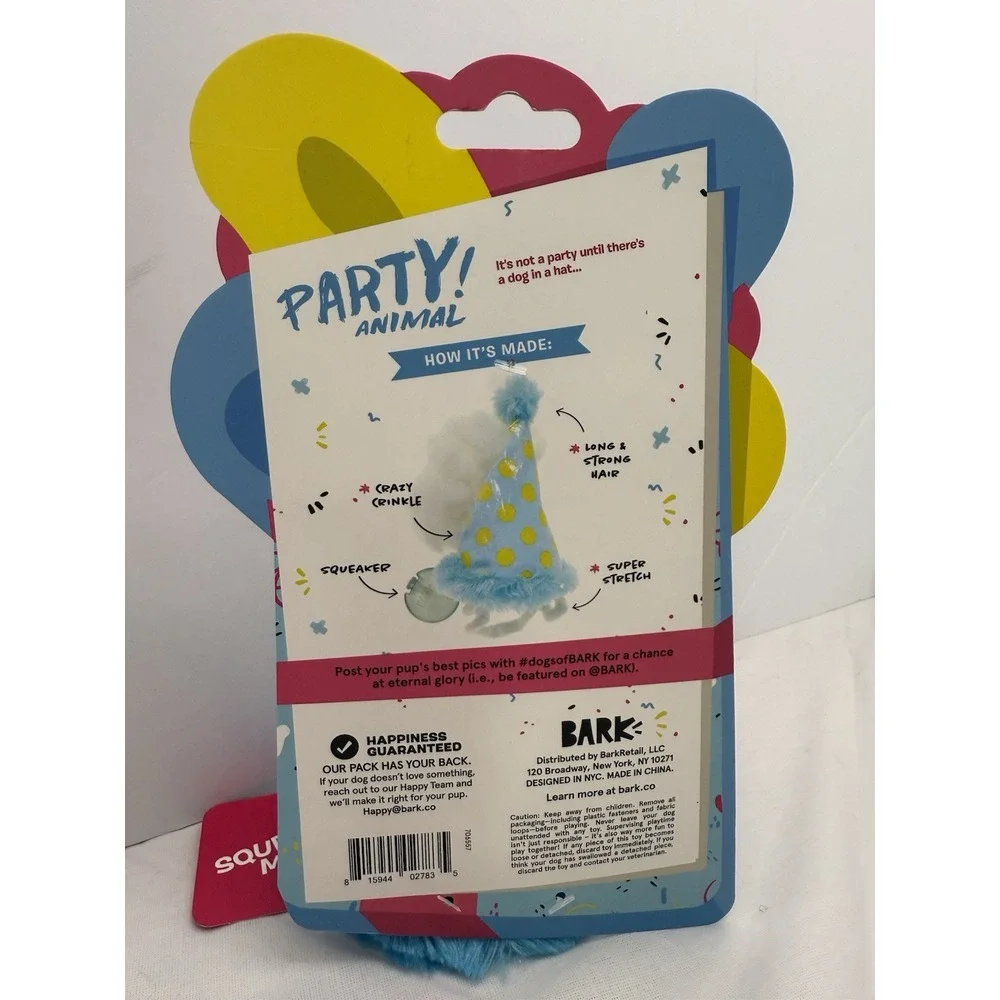 Bark‎ Box Birthday Hat Plush Dog Toy Squeaker Crinkle NWT